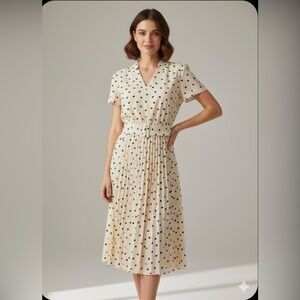 Elegant Cream Midi Dress with Black Polka Dots